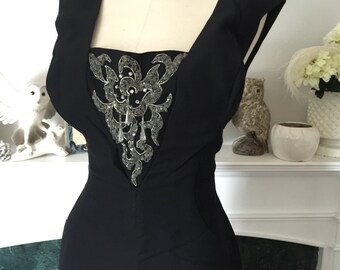 60s Bombshell Beaded Black Party Dress