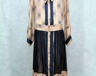 Plus Size 1920s Dress Downtown Abbey Gatsby Vintage 1920s Day Dress Navy Blue and Beige Excellent Condition