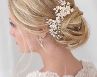 Silver Floral Bridal Clip, Floral Bridal Hair Clip, Flower Wedding Hair Comb, Bridal Hair Accessory, Floral Wedding Headpiece ~TC-2274
