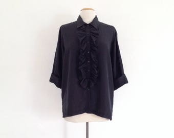 black silk blouse vintage black shirt women ruffle shirt 90s button up black blouse 90s clothing