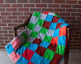 Twin size patchwork quilt, polyester quilt, vibrant vintage quilt, vintage children's room decor, cobalt blue quilt, extra long twin quilt