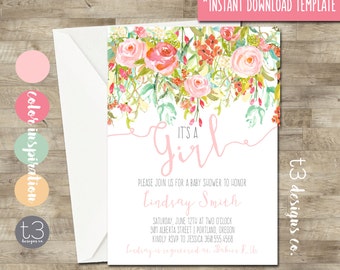 Instant Download Whimsical Baby Girl Shower Invitation, baby shower invite, floral baby shower, watercolor, soft pink, DIY PDF