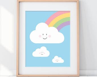 Kids Room Art, Nursery Clouds, Colorful Nursery Art, Kids Room Decor, Rainbow Nursery, Rainbow Nursery Art, Happy Cloud, Nursery Decor, Cute