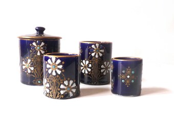 French antique Tobacco Jar Tobacco Pots and Match Striker 19th Century Enameled Faience Free Shipping