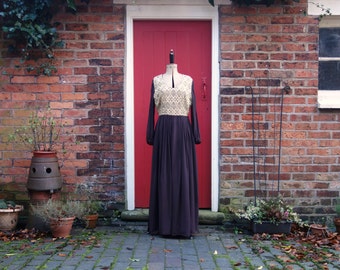 1970s maxi dress / 70s brown and gold dress / vintage chiffon dress by Mademoiselle