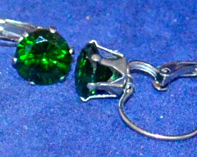 Green Zircon Leverback Earrings, 8mm Round, Natural, Set in Stainless Steel E1064