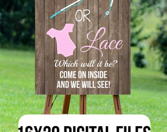 Lures or lace welcome sign INSTANT DIGITAL DOWNLOAD 16x20 come on in door yard easel gender reveal party pink blue girl boy baby fishing