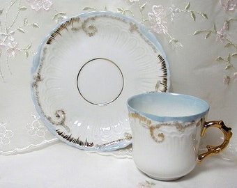 Vintage 1950s Demitasse Cup and Saucer, Blue and White with Gold Accents