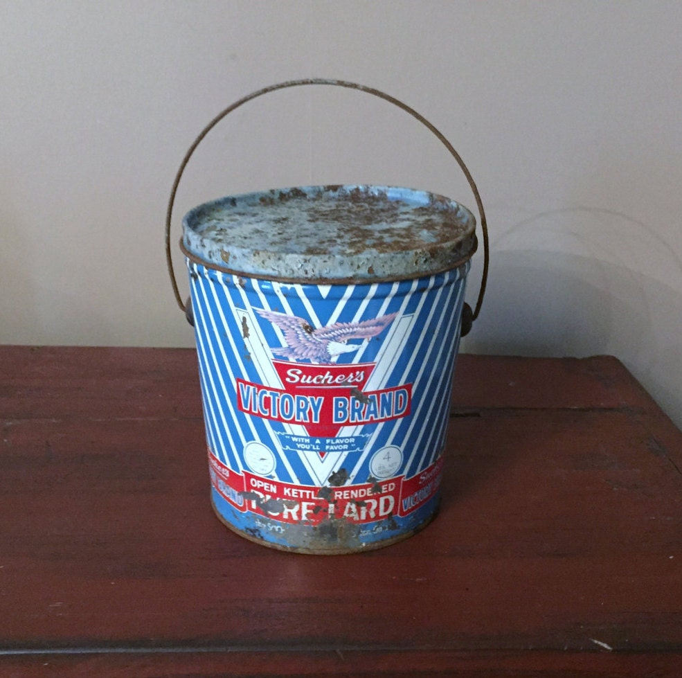 Lard Pail Can Sucher's Victory Tin Bucket with lid 4 lb