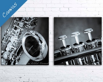 Canvas Music Decor, Music gift, Music art, Canvas wall art, Set of 2 prints, Jazz art, Trumpet art, Saxophone art // Music canvas set