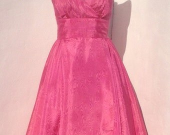 Vintage 1950's Pink Silky Swing Dress by Carnegie of London Size 14 UK