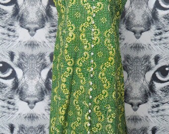 70s Green Batik Sleeveless Maxi Dress with Side Slits / L / XL