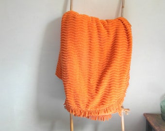 Large orange chenille bedspread, candlewick cotton blanket, throw, coverlet, bed cover, French vintage bedding, boho decor, French linens.