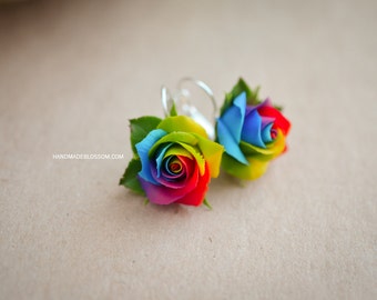 Rainbow roses earrings , Polymer clay rainbow rose, Handmade rose earrings, Tie Dye rose earrings, Tie Dye wedding, Multicolor clay roses