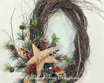 Christmas Wreath, Holiday Wreath, Star Wreath, Holiday Door Decor, Christmas Decor, Winter Wreath, Christmas Wreaths, Birch, Star, Woodland