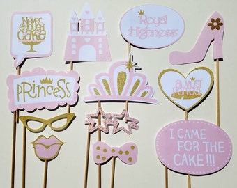 Pink and Gold Princess Party Photo Booth Props-12 Pieces