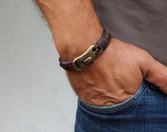 EXPRESS SHIPPING .Personalized Men's leather bracelet Brown leather Men Bracelet men's bracelet with bronze plated hook clasp.Husband gift.