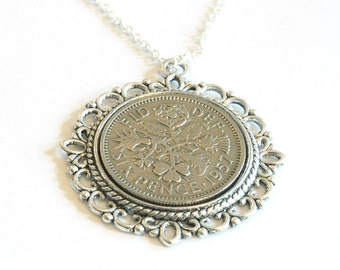 60th Anniversay Gift, Lucky Sixpence Pendant, 1957 Jewelry Gift, 60th Birthday Gift, 60th Birthday Ideas, 60th birthday gifts for women