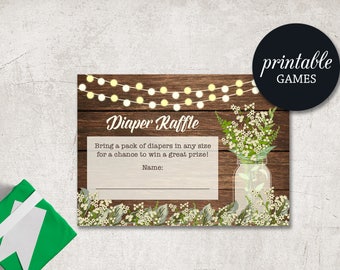 Diaper Raffle Printable, Baby Shower Diaper Raffle card, Girl Diaper Raffle Ticket, Mason Jar Rustic baby shower Diaper Raffle Insert card