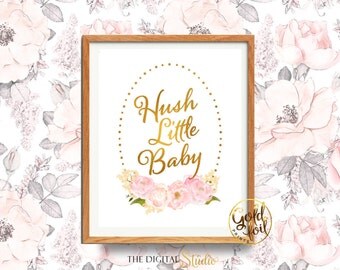 Hush Little Baby, Pink and Gold Nursery Art, Lullaby Art Print, Nursery Decor Gold, Baby Girl's Nursery Wall Art, Gold Nursery Decor