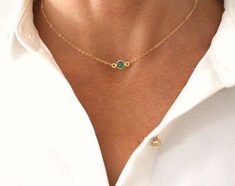 14k Solid gold Choker Solitaire Birthstone Necklace Real solitaire diamond Sapphire amethyst peridot aquamarine emerald ruby citrin topaz