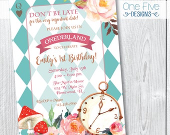 Watercolor Alice In Wonderland Birthday Party Invitation, Watercolor Alice In Onederland Birthday Party Invitation - Printable (5x7)