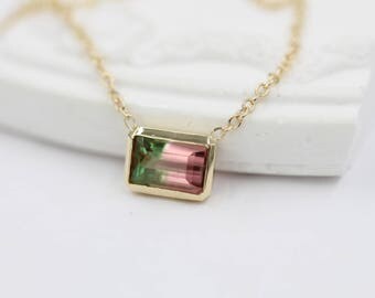 watermelon tourmaline necklace 14k solid gold necklace genuine tourmaline necklace solitaire necklace bi-Color tourmaline