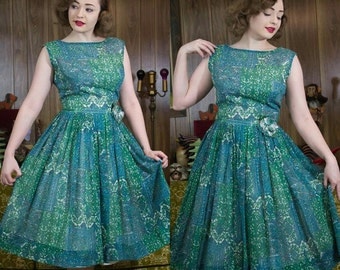 50s Dress | 50s Sundress | 1950s Dress | Batik Print | 50s Floral Dress | 50s Full Skirt | 50s Green Dress | 50s Blue Dress | 50s Day Dress