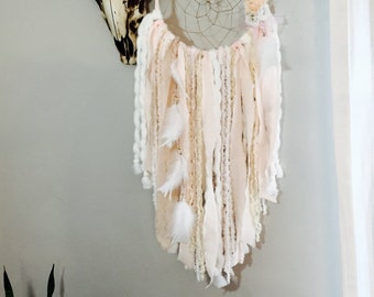 Blush Pink Dream Catcher, Dreamcatcher, Tapestry, Pink and Gold Baby Shower, Girl Nursery Decor, Wall Hanging, Boho Decor, Pink and White
