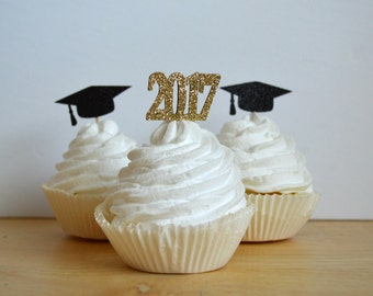 Graduation Cupcake Toppers - Set of 12 - Class of 2017 - Graduation Party Decoration - 2017 - Food Picks - Glitter Cupcake Toppers