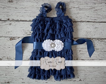 Lace Baby Romper - Navy Romper, Petti Lace Romper, Girls Romper, Birthday Outfit, Toddler Romper, Vintage Flower Girl, Country Girl Outfit
