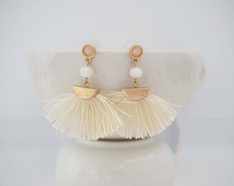 Cream and Gold Fan Tassel Earrings