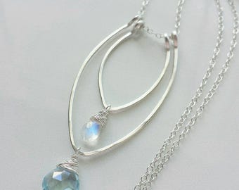 White Moonstone Necklace, Sterling Silver Necklace, Blue Topaz Necklace, Topaz Necklace, Unique Handcrafted Necklace