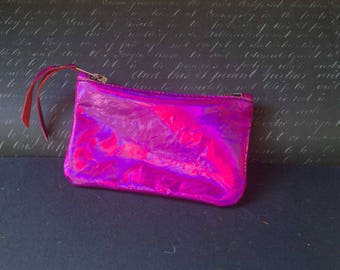 Holographic leather purse, pink coin or phone purse, gift idea, leather purse, coin purse with zipper, metallic purse, holographic pouch