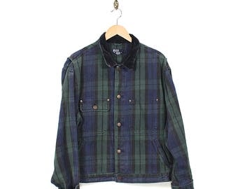 Vintage Polo Ralph Lauren Denim Jacket - 90s Ralph Lauren Plaid Denim Jean Jacket - 90s Polo Ralph Lauren Oversized Plaid Denim Chore Jacket