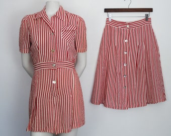 RESERVED Vintage 40s Romper & Matching Skirt Set - 1940s Striped Cotton Seersucker Playsuit