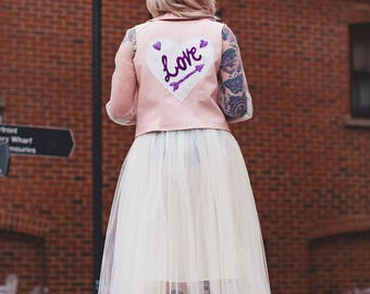 Pink faux leather handmade jacket with custom back patches | Custom Jacket | Alternative Bride | Rockabilly | skull | love heart