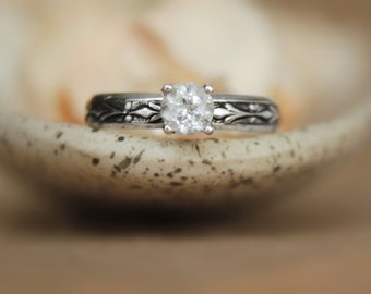 White Sapphire Engagement Ring in Sterling - Silver Fleur de Lis Pattern Promise or Anniversary Ring - Fleur de Lys Silver Bridal Band
