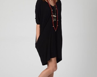 Loose Black Dress, Womans Oversize Boho Dress, Short Black Dress, Lycra Bohemian Dress with Pockets, Urban Tunic Top, Casual / Evening Dress