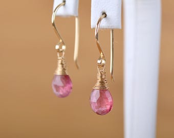 Pink Tourmaline Earrings, October Birthstone Earrings, Dangle Earrings natural crystal Earrings: 14k Gold Filled, Rose Gold, Sterling Silver