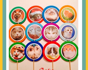 Cat Cupcake Toppers | 12 Cat Birthday Decorations, Cat Party Favors, Kitty Cat Party, Cat Party Decorations, Cat Baby Shower
