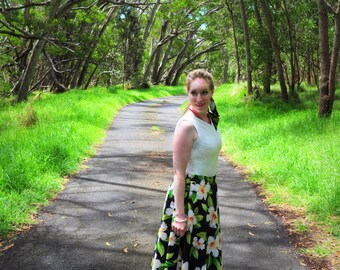 Hawaiian Skirt, New, Retro Skirt, Skirt, Hibiscus, Black, Floral, Flowers, Circle Skirt, Hawaii, Tiki, Luau, Pinup, Handmade