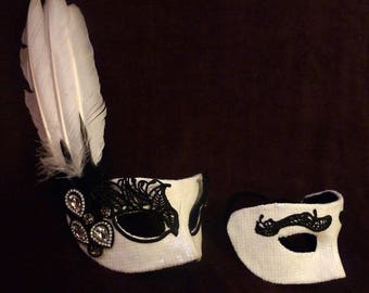 Black & White Masquerade Couple masks, set of two black and white matching masks, FREE SHIPPING, sequined and feathered vintage style mask