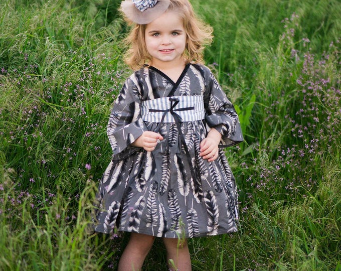 Elegant Grey Dress for Girls - Toddler Clothes - Feather Print - Kimono Dresses - Tea Party Birthday - Photo Shoot - Handmade - 2T to 14 yrs