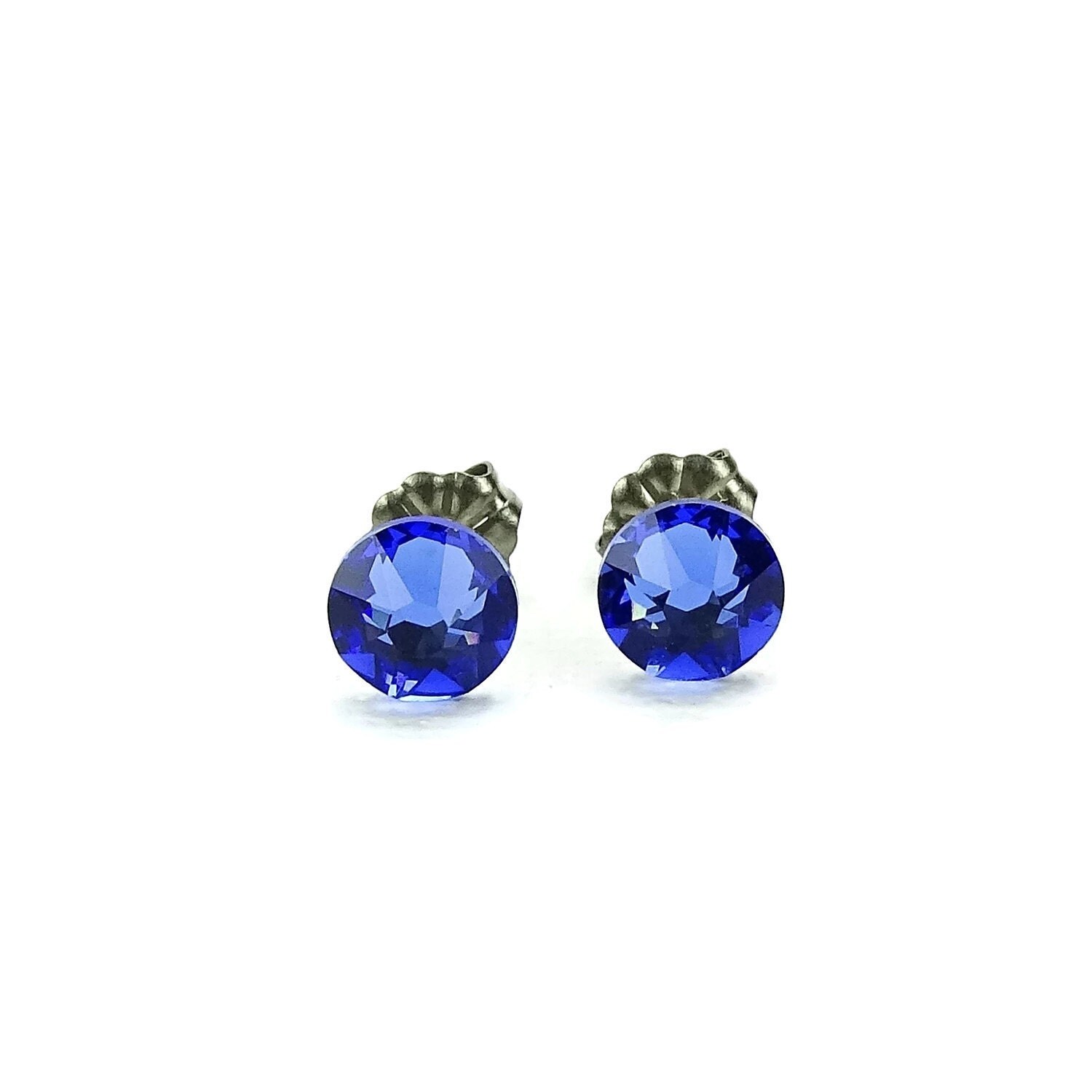 Titanium Stud Earrings Blue Sapphire Swarovski Crystal on