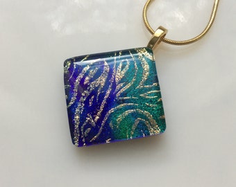 Dichroic Glass Pendant, Fused Glass Jewelry, Teal Purple Gold Dichroic Necklace