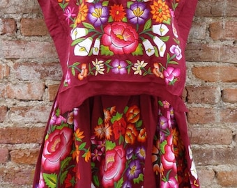 Mexican Tehuana Dress Huipil Vintage Frida Kahlo Style Flowers Embroidered