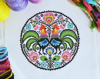 KIT Folk Roosters Cross Stitch Kit - Modern and Bright Folk Inspired Cross Stitch - Easy 14 Count Design - Traditional Polish Folk Art