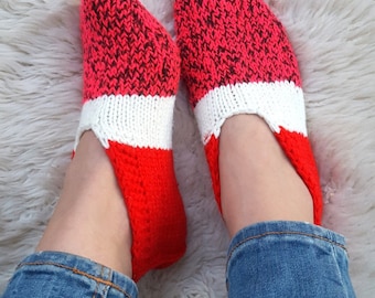Red slippers, warm and cozy home shoes, hand knitted wool slippers, seamless ankle socks, women slippers handmade gift for her comfy shoes