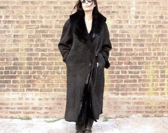 1980s Shearling Coat Black Long Raw Avant Garde Cocoon Blanket Jacket L XL